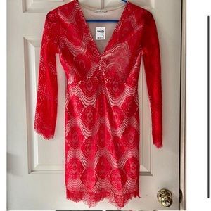 Red medallion eyelash lace trim dress